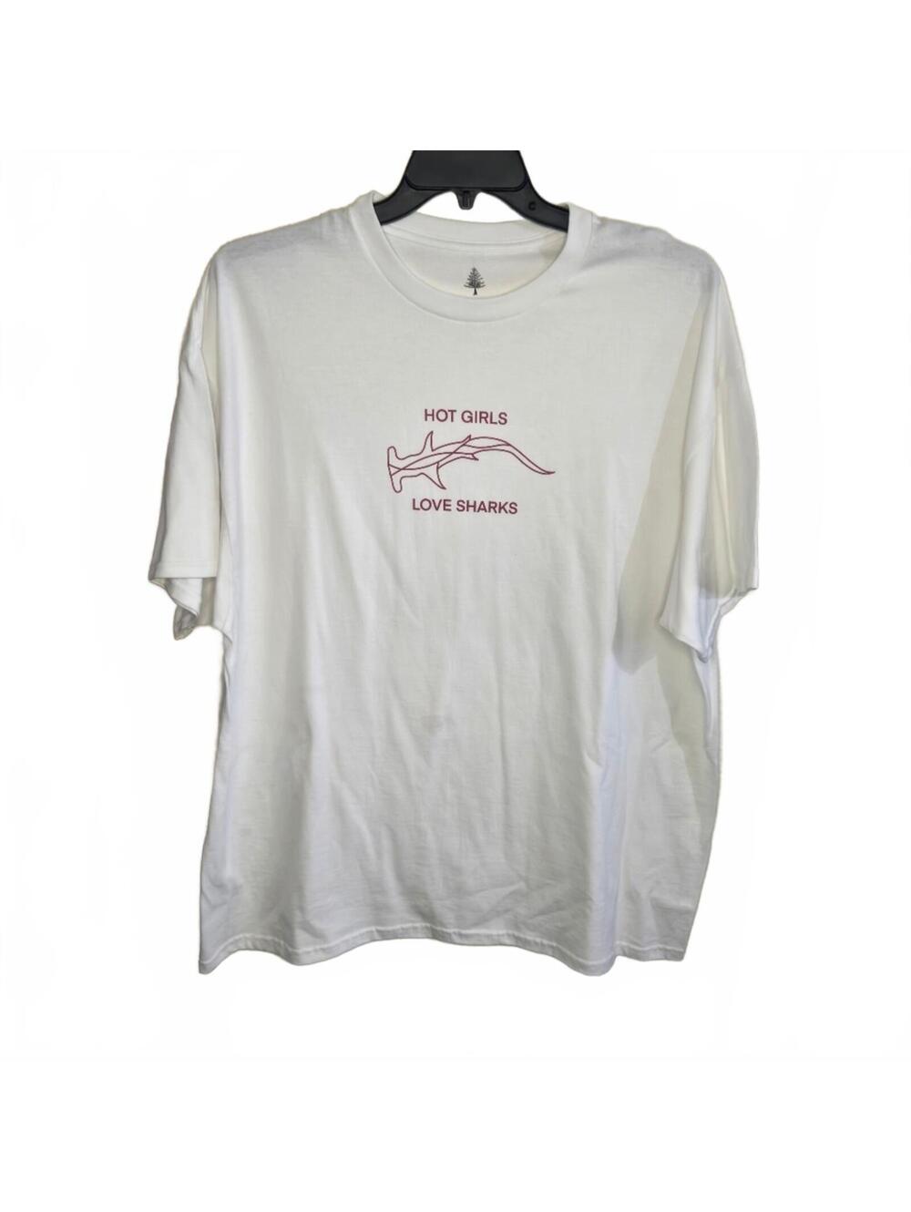 White Graphic Tee with 'Hot Girls Love Sharks' Print
